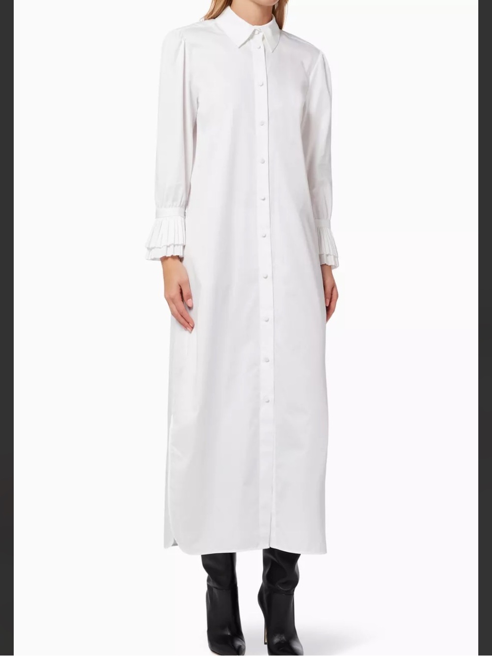 KHAITE - The Mari Ruffle Long Sleeve Cotton Poplin Shirtdress